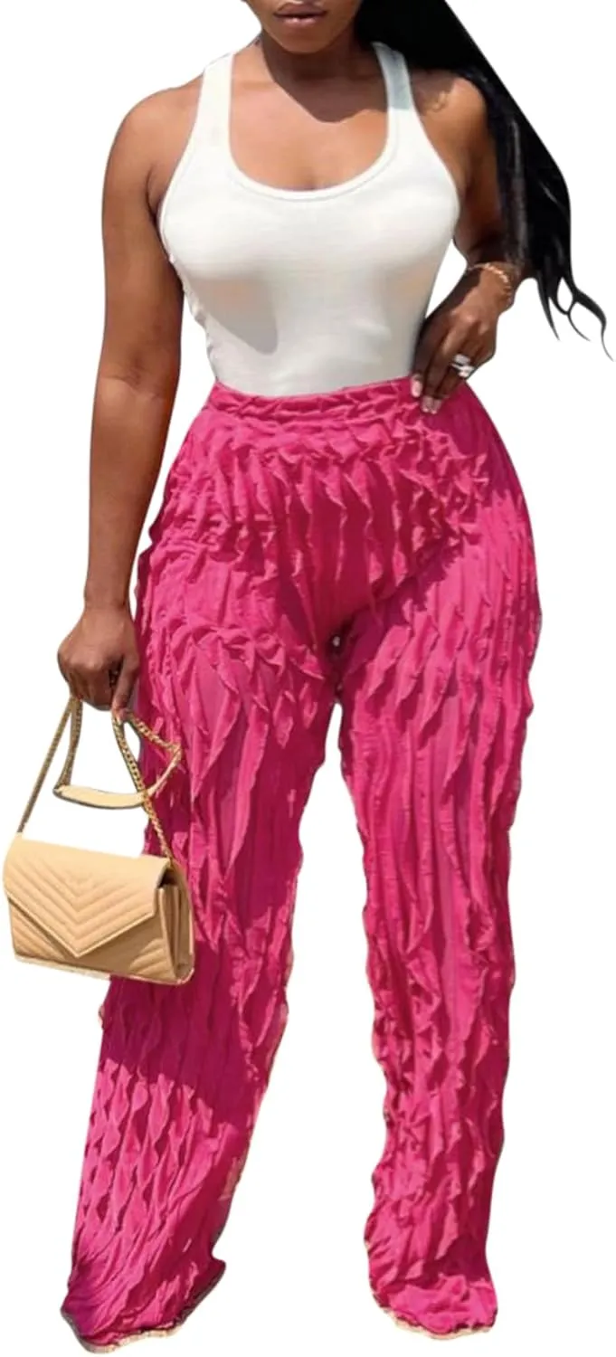 Suillty Women's Wave Ruffles Splicing Wide Leg Pants Sexy See Through Mesh High Waist Long Palazzo Trousers Party Clubwear