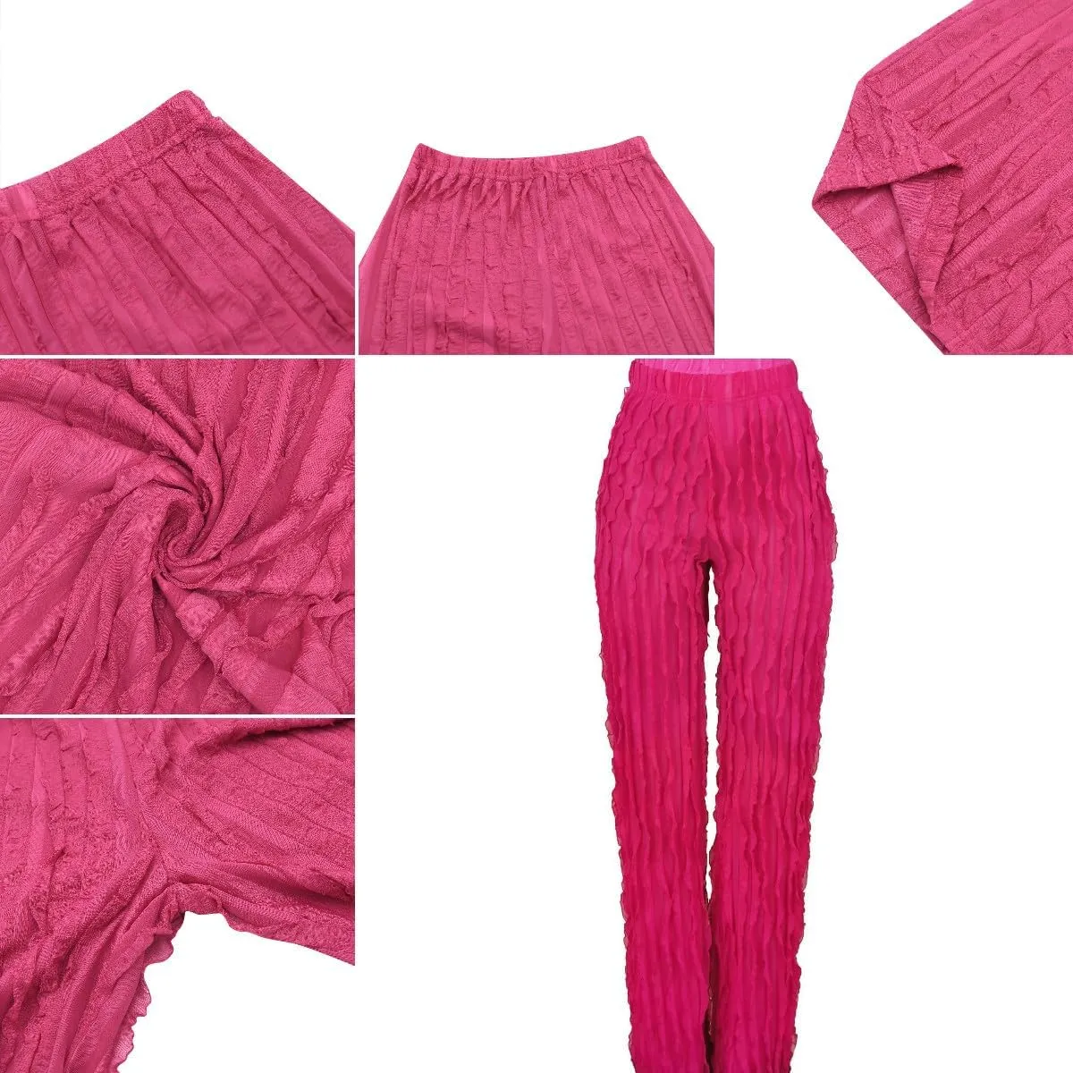 Suillty Women's Wave Ruffles Splicing Wide Leg Pants Sexy See Through Mesh High Waist Long Palazzo Trousers Party Clubwear
