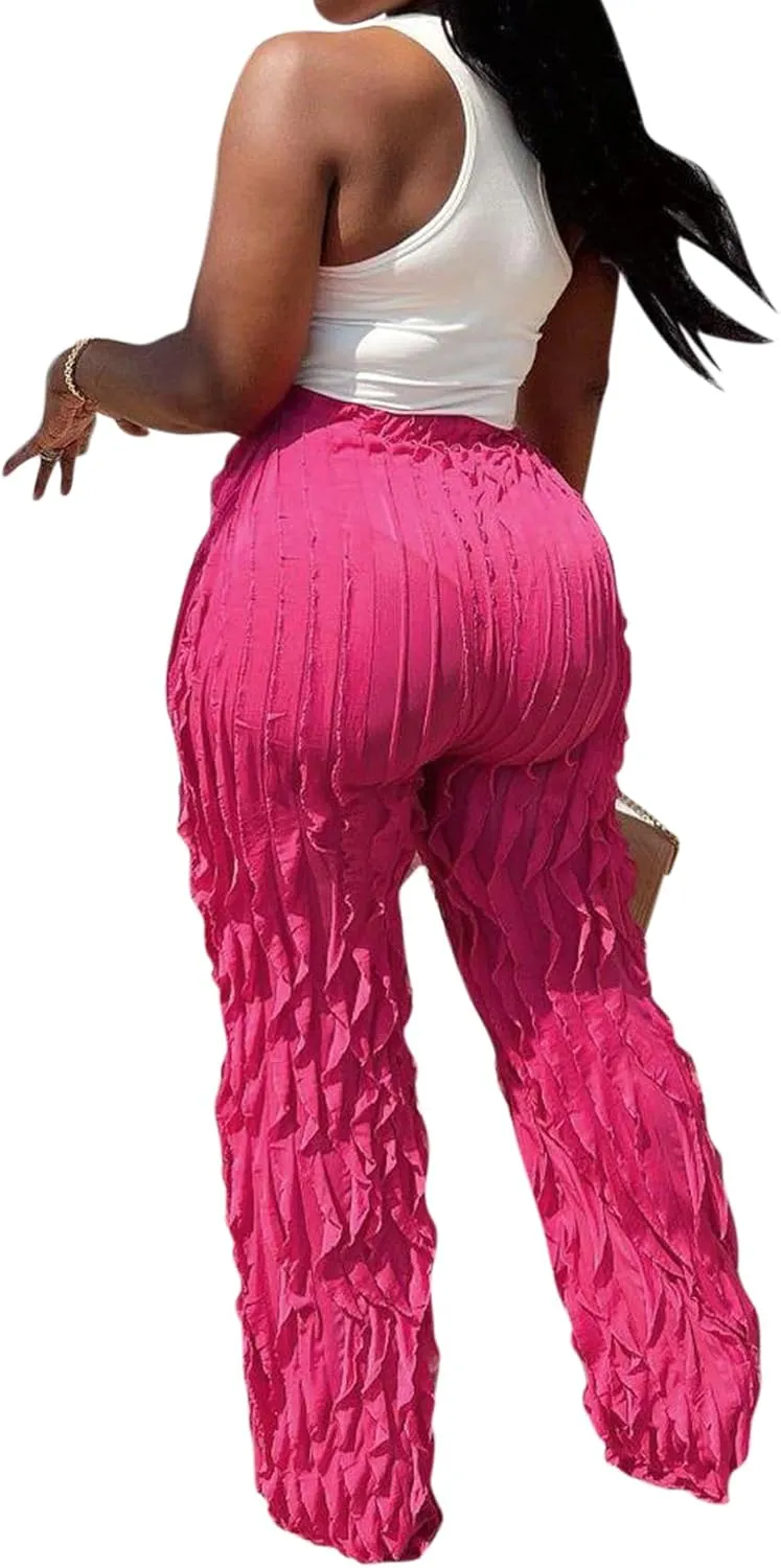 Suillty Women's Wave Ruffles Splicing Wide Leg Pants Sexy See Through Mesh High Waist Long Palazzo Trousers Party Clubwear