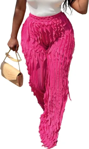 Suillty Women's Wave Ruffles Splicing Wide Leg Pants Sexy See Through Mesh High Waist Long Palazzo Trousers Party Clubwear
