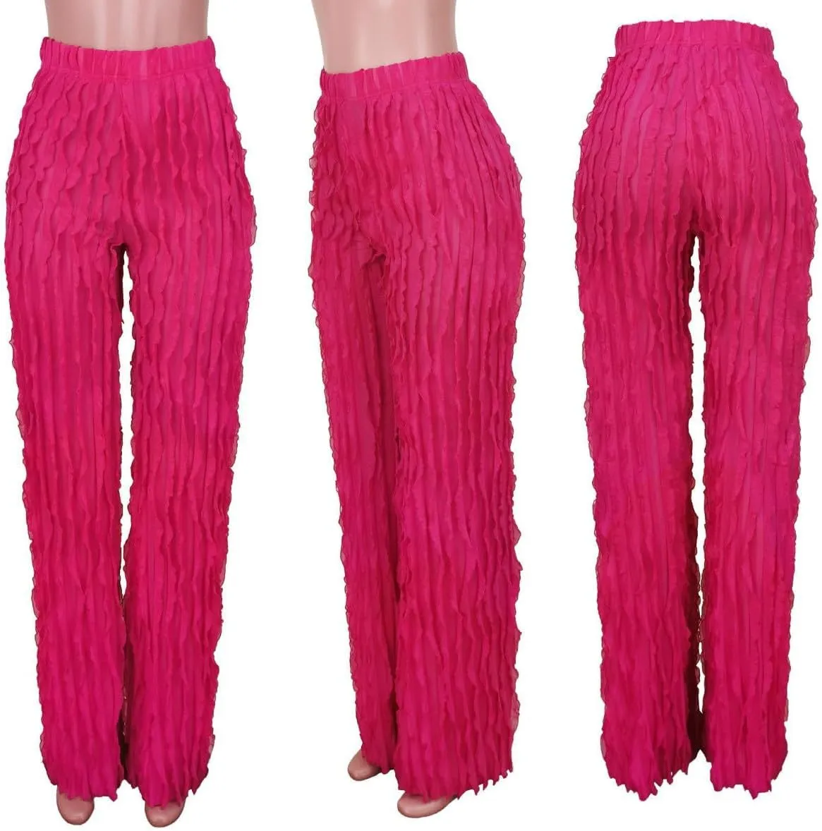 Suillty Women's Wave Ruffles Splicing Wide Leg Pants Sexy See Through Mesh High Waist Long Palazzo Trousers Party Clubwear