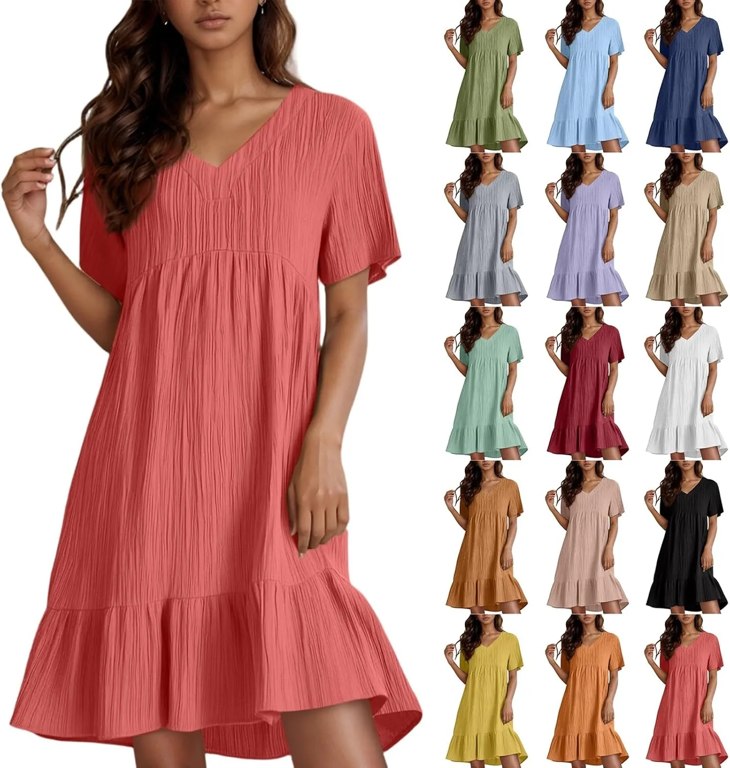 Summer Dresses for Women 2025 Loose V Neck Short Sleeve T Shirt Dress Casual Flowy Ruffle Tiered Layered A-Line Dress