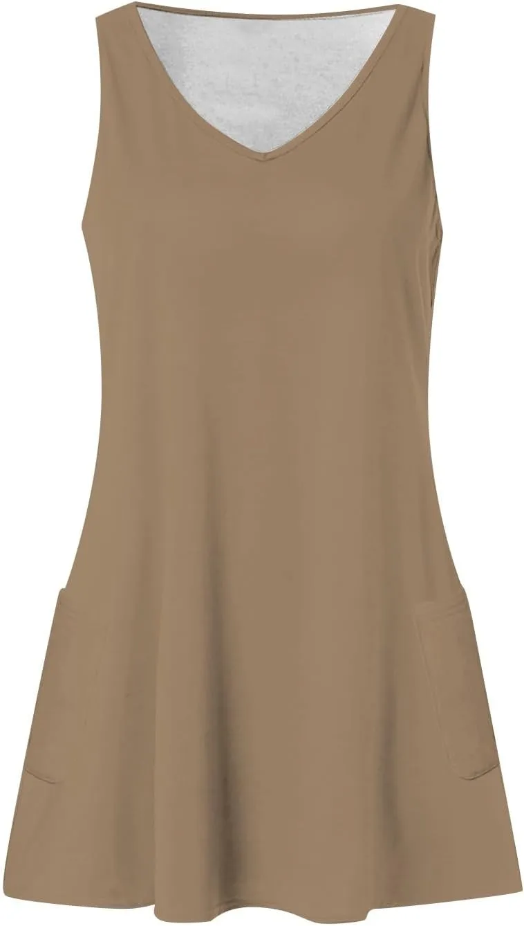 Summer Dresses for Women 2025 Vacation Casual V Neck Sleeveless Tank Sundress Boho Floral T Shirt Dress with Pockets