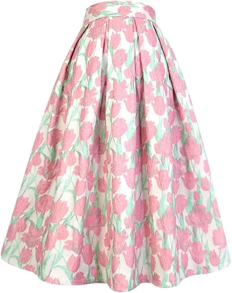 Summer Vintage Sweet Pink Floral Embroidery High Waist Long Pleated Midi Skirt Party Holiday 01 XXL#85cm Length