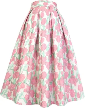 Summer Vintage Sweet Pink Floral Embroidery High Waist Long Pleated Midi Skirt Party Holiday 01 XXL#85cm Length