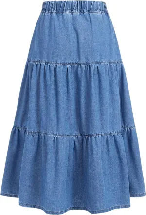 SweatyRocks Girl's Ruffle Denim Skirt Elastic High Waisted A Line Midi Jean Skirt