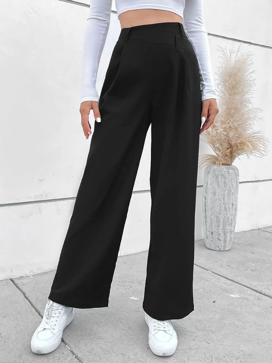 SweatyRocks Women's Asymmetric High Waist Wide Leg Straight Pants Solid Color Unique Loose Casual Suit Trousers