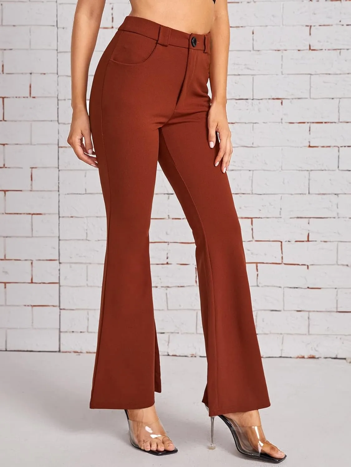 SweatyRocks Women's Casual High Waist Flare Leg Bell Bottom Pants Work Office Trousers