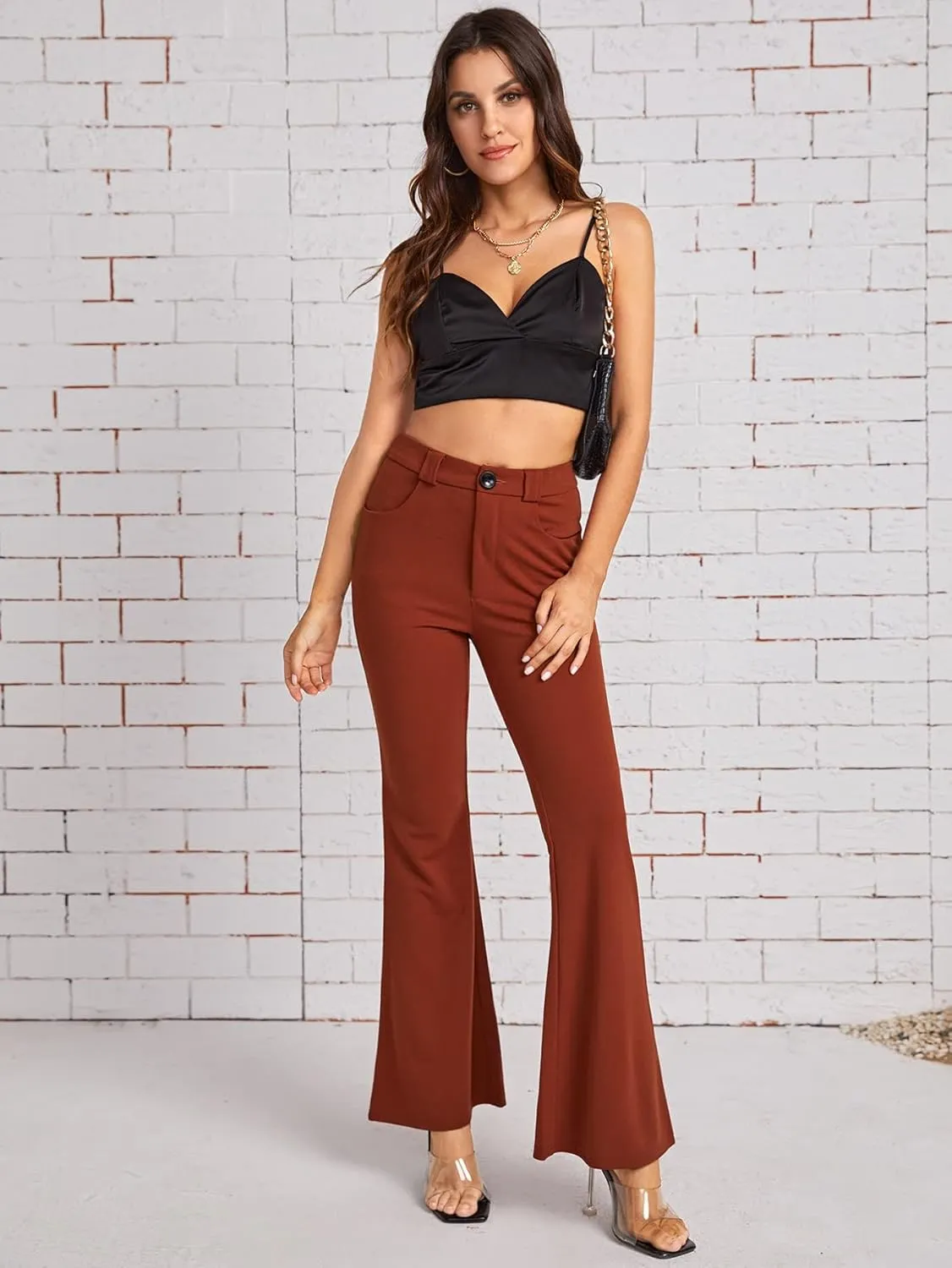SweatyRocks Women's Casual High Waist Flare Leg Bell Bottom Pants Work Office Trousers
