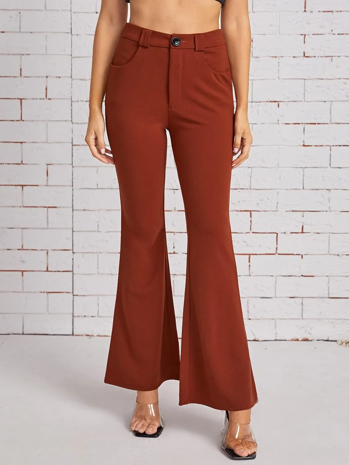 SweatyRocks Women's Casual High Waist Flare Leg Bell Bottom Pants Work Office Trousers