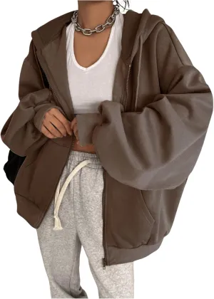 SweatyRocks Women's Causal Drop Shoulder Long Sleeve Sweatshirts Oversized Full Zip Solid Hoodie with Pocket