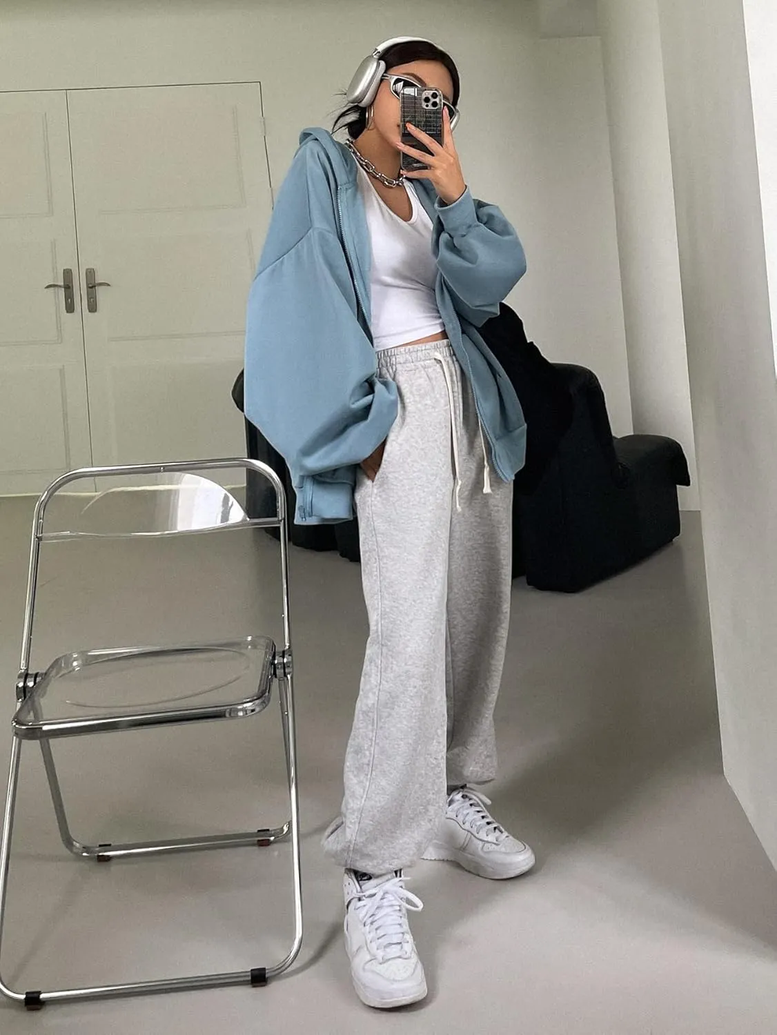 SweatyRocks Women's Causal Drop Shoulder Long Sleeve Sweatshirts Oversized Full Zip Solid Hoodie with Pocket
