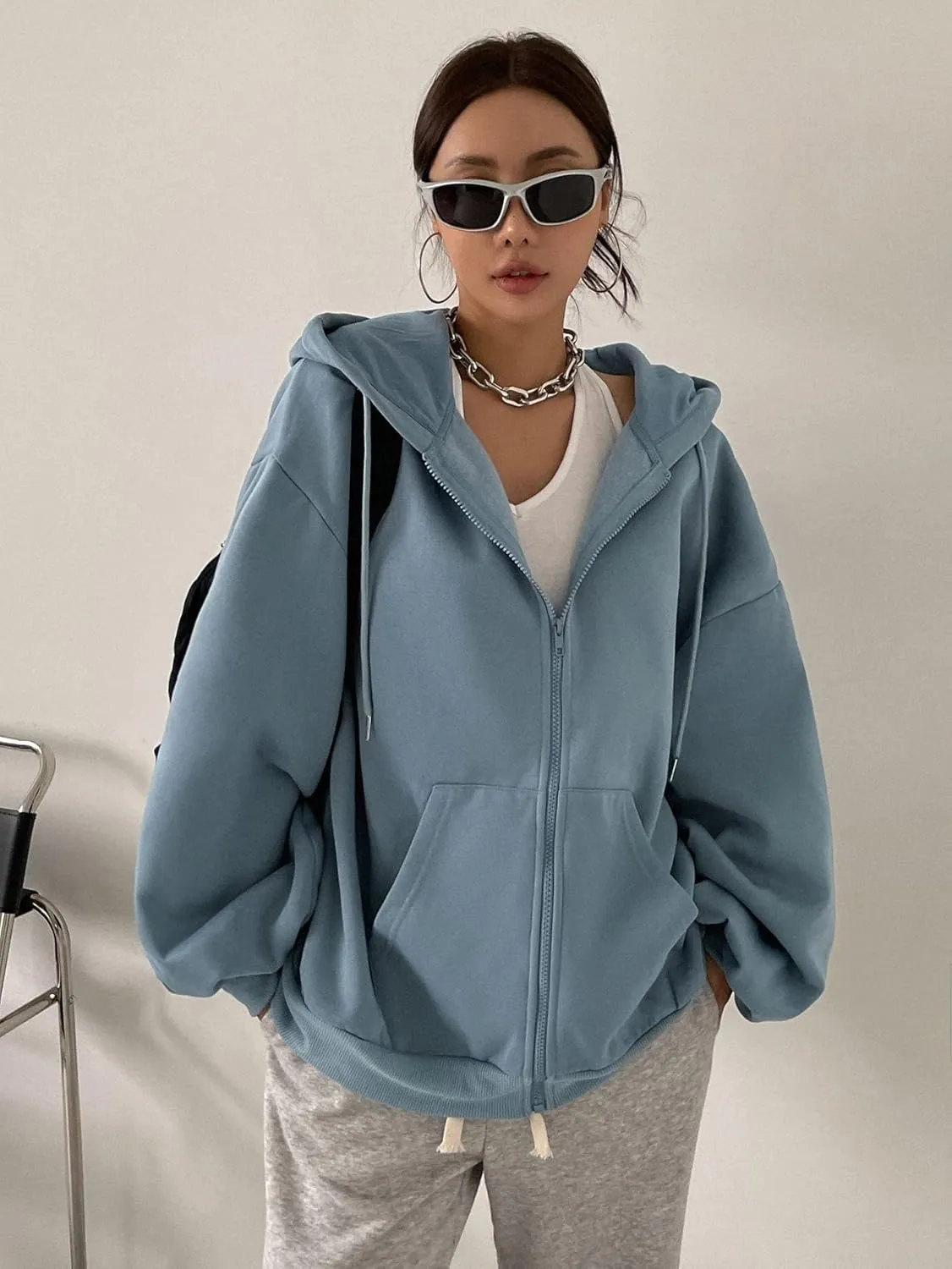 SweatyRocks Women's Causal Drop Shoulder Long Sleeve Sweatshirts Oversized Full Zip Solid Hoodie with Pocket
