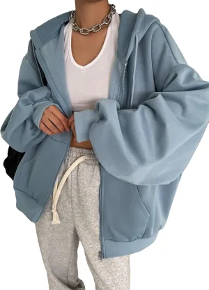 SweatyRocks Women's Causal Drop Shoulder Long Sleeve Sweatshirts Oversized Full Zip Solid Hoodie with Pocket