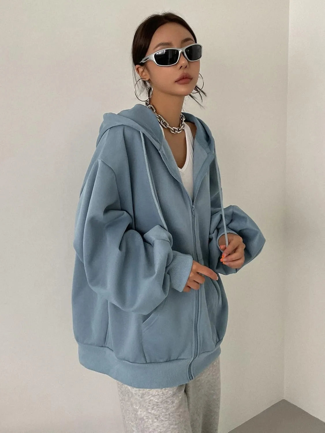 SweatyRocks Women's Causal Drop Shoulder Long Sleeve Sweatshirts Oversized Full Zip Solid Hoodie with Pocket