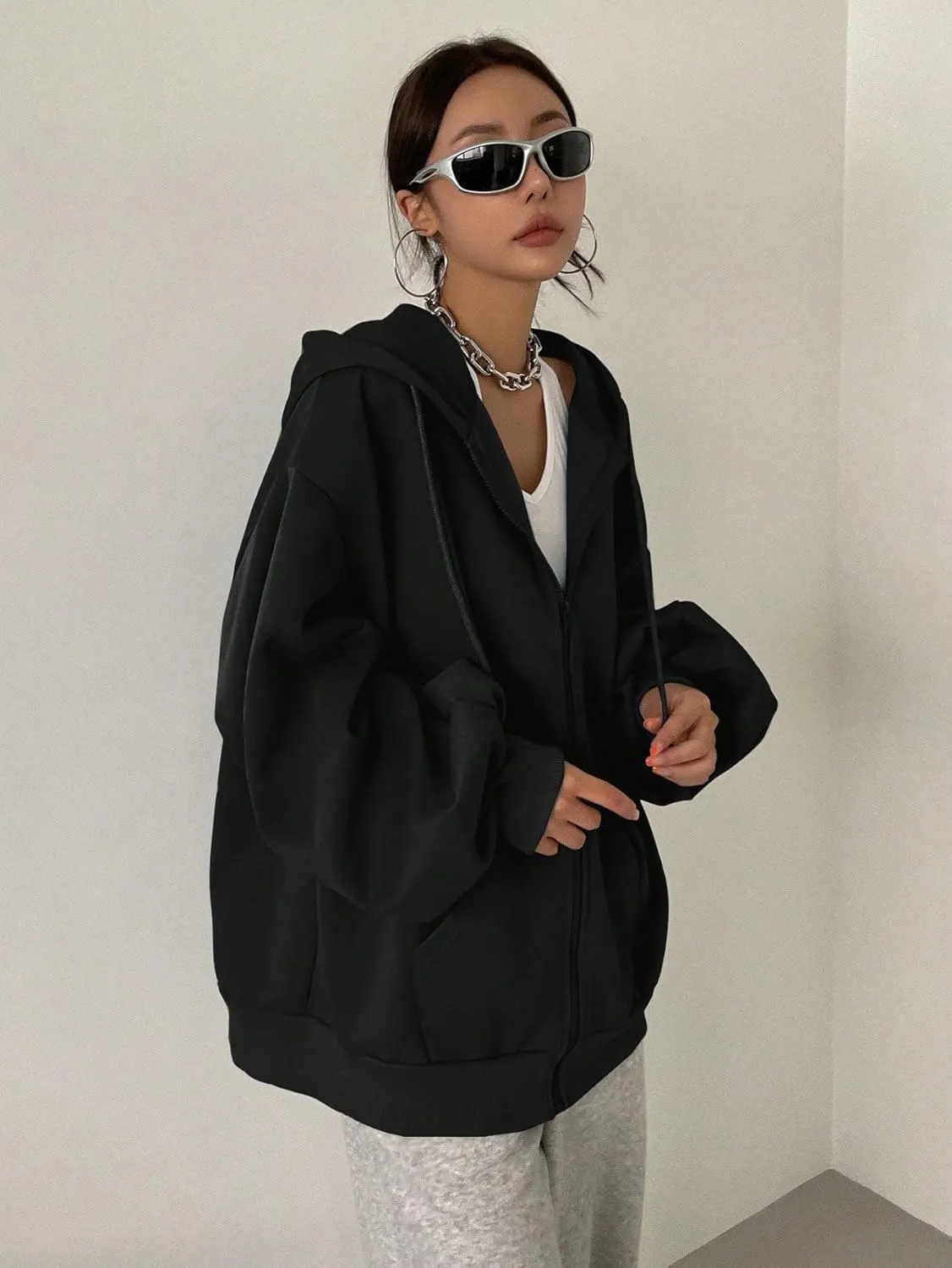 SweatyRocks Women's Causal Drop Shoulder Long Sleeve Sweatshirts Oversized Full Zip Solid Hoodie with Pocket