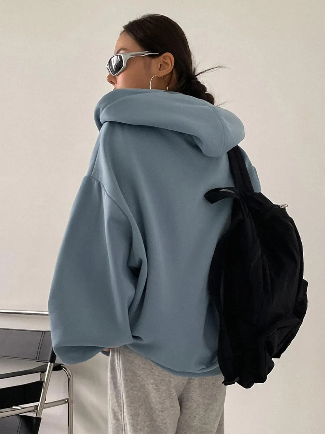 SweatyRocks Women's Causal Drop Shoulder Long Sleeve Sweatshirts Oversized Full Zip Solid Hoodie with Pocket