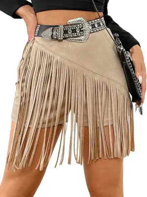 SweatyRocks Women's Fringe High Waist Skort Zipper Back Faux Suede Skirt Shorts