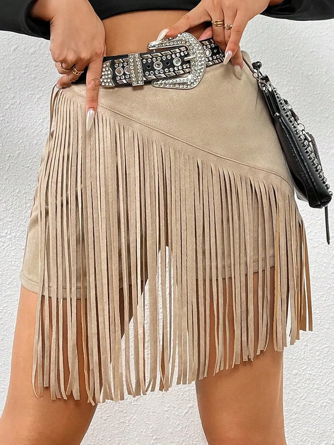SweatyRocks Women's Fringe High Waist Skort Zipper Back Faux Suede Skirt Shorts