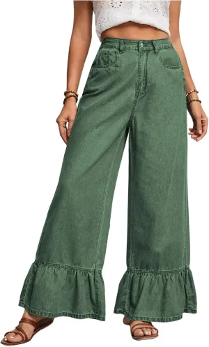 SweatyRocks Women's High Waist Wide Leg Baggy Jeans Ruffled Hem Denim Palazzo Pants