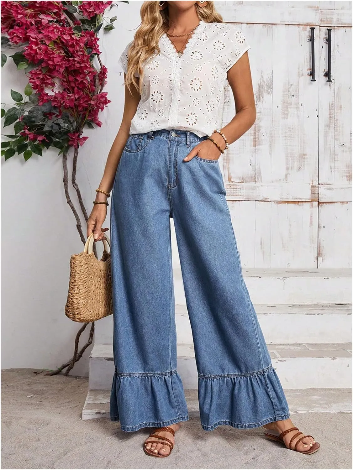SweatyRocks Women's High Waist Wide Leg Baggy Jeans Ruffled Hem Denim Palazzo Pants
