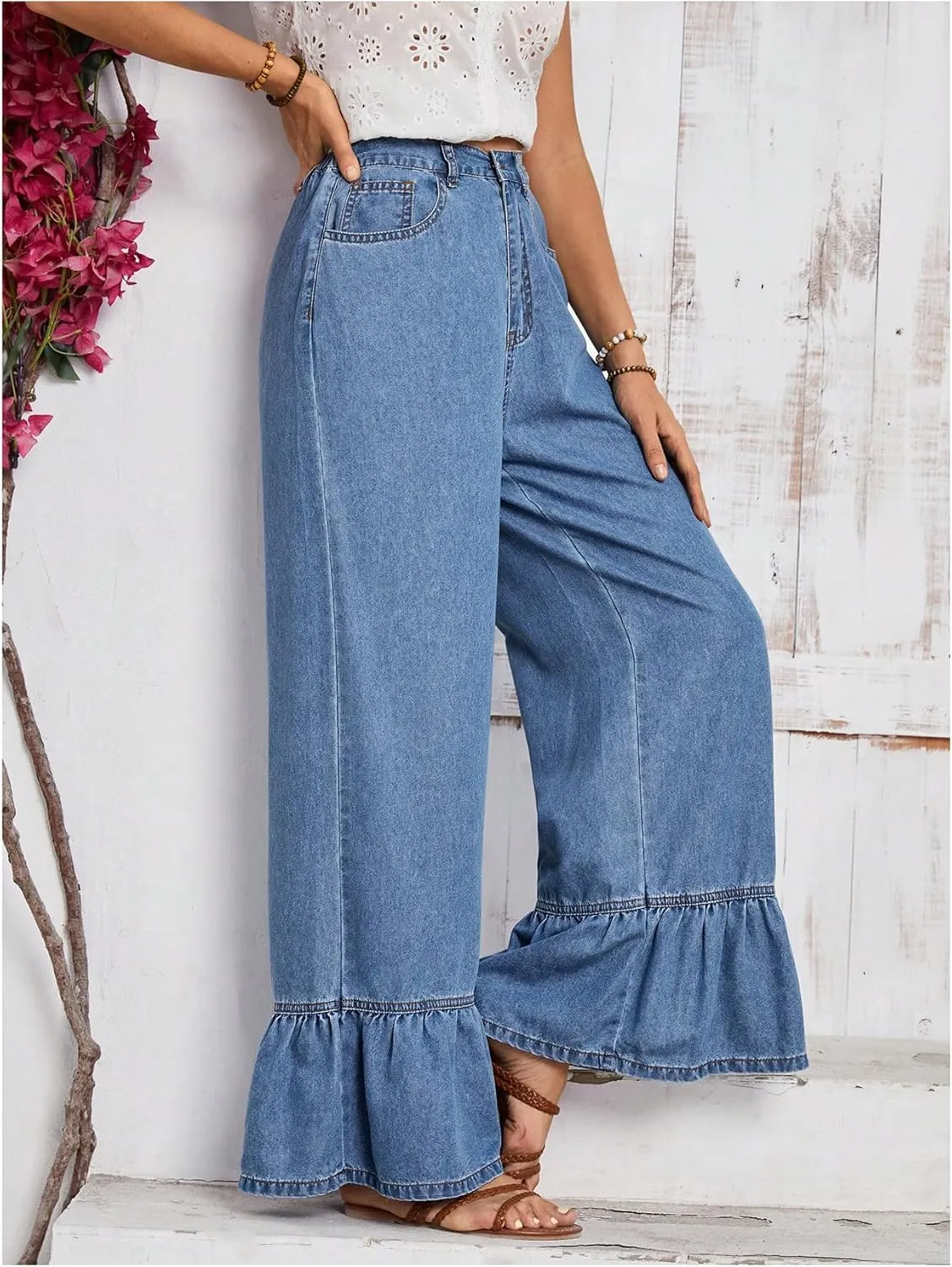 SweatyRocks Women's High Waist Wide Leg Baggy Jeans Ruffled Hem Denim Palazzo Pants