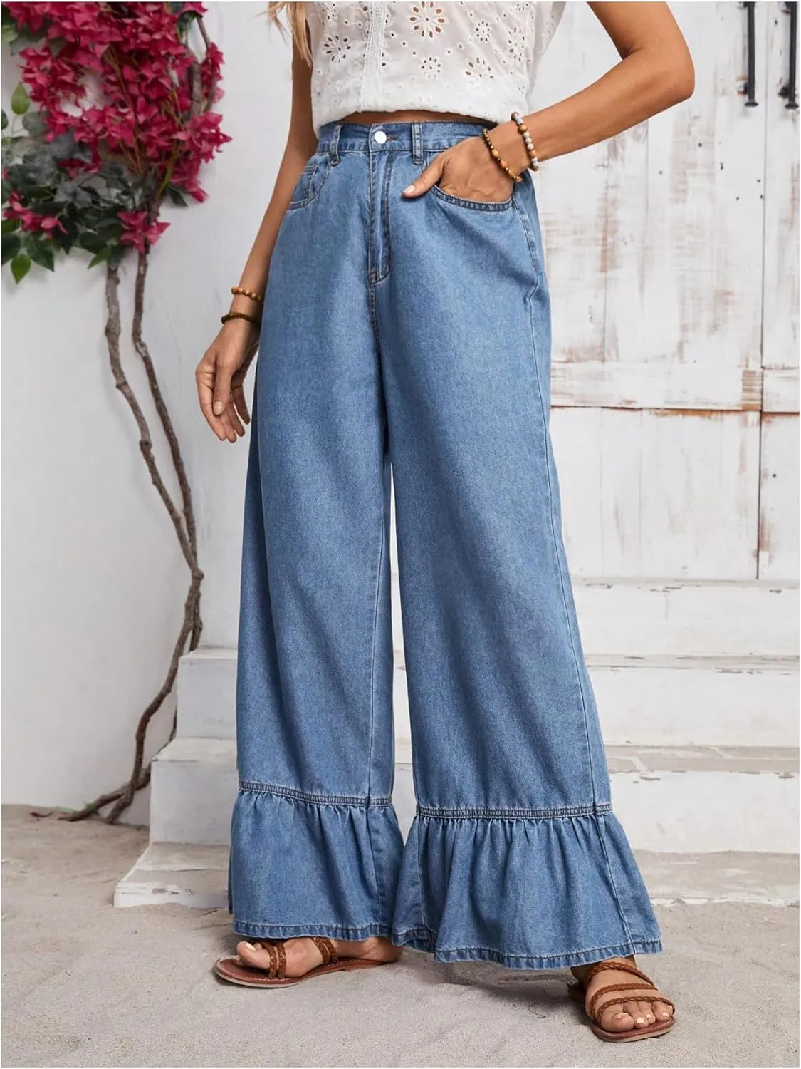 SweatyRocks Women's High Waist Wide Leg Baggy Jeans Ruffled Hem Denim Palazzo Pants