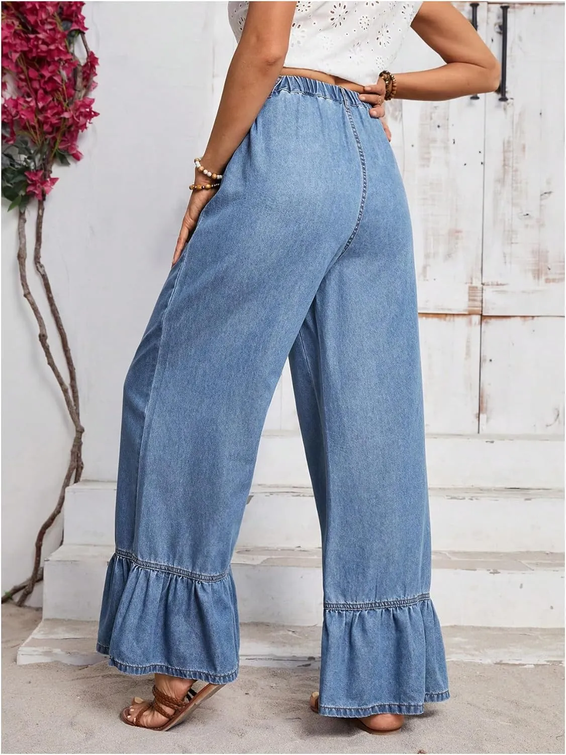 SweatyRocks Women's High Waist Wide Leg Baggy Jeans Ruffled Hem Denim Palazzo Pants