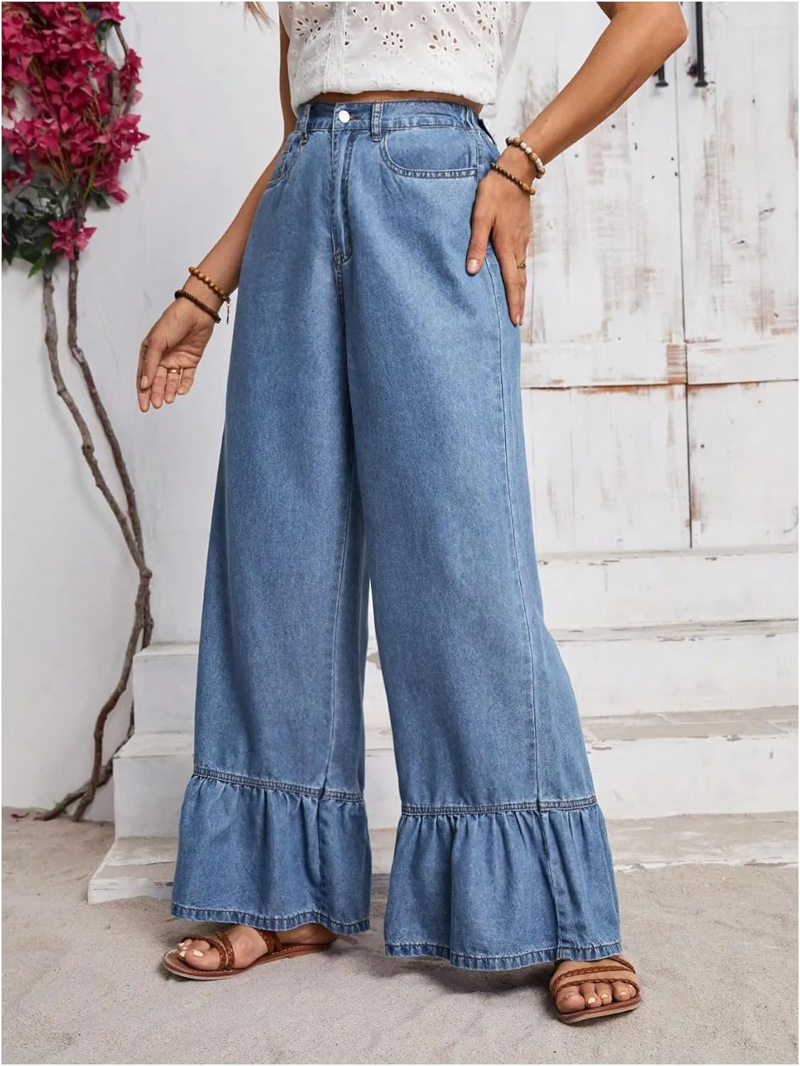 SweatyRocks Women's High Waist Wide Leg Baggy Jeans Ruffled Hem Denim Palazzo Pants
