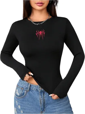 SweatyRocks Women's Long Sleeve Graphic Slim Fit T Shirt Y2k Basic Vintage Streetwear