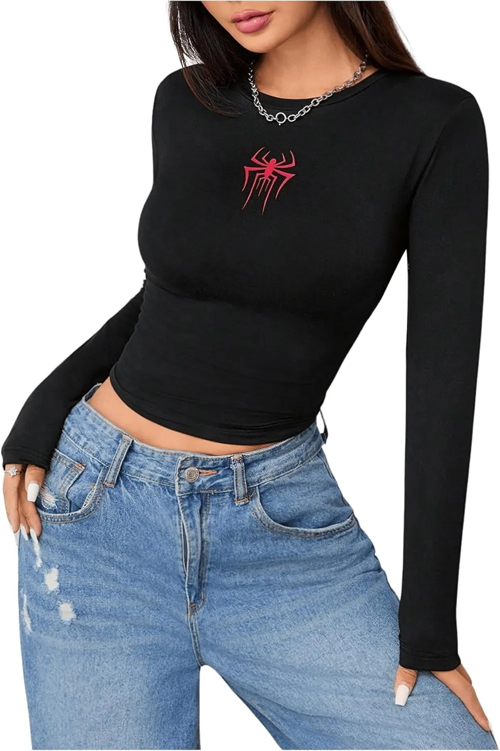 SweatyRocks Women's Long Sleeve Graphic Slim Fit T Shirt Y2k Basic Vintage Streetwear