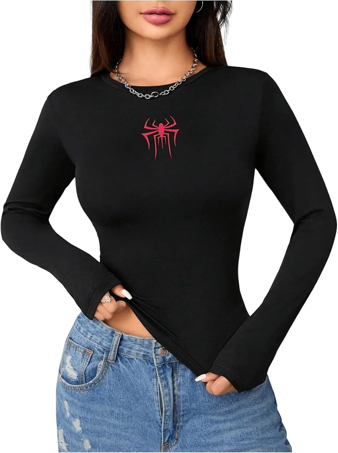 SweatyRocks Women's Long Sleeve Graphic Slim Fit T Shirt Y2k Basic Vintage Streetwear