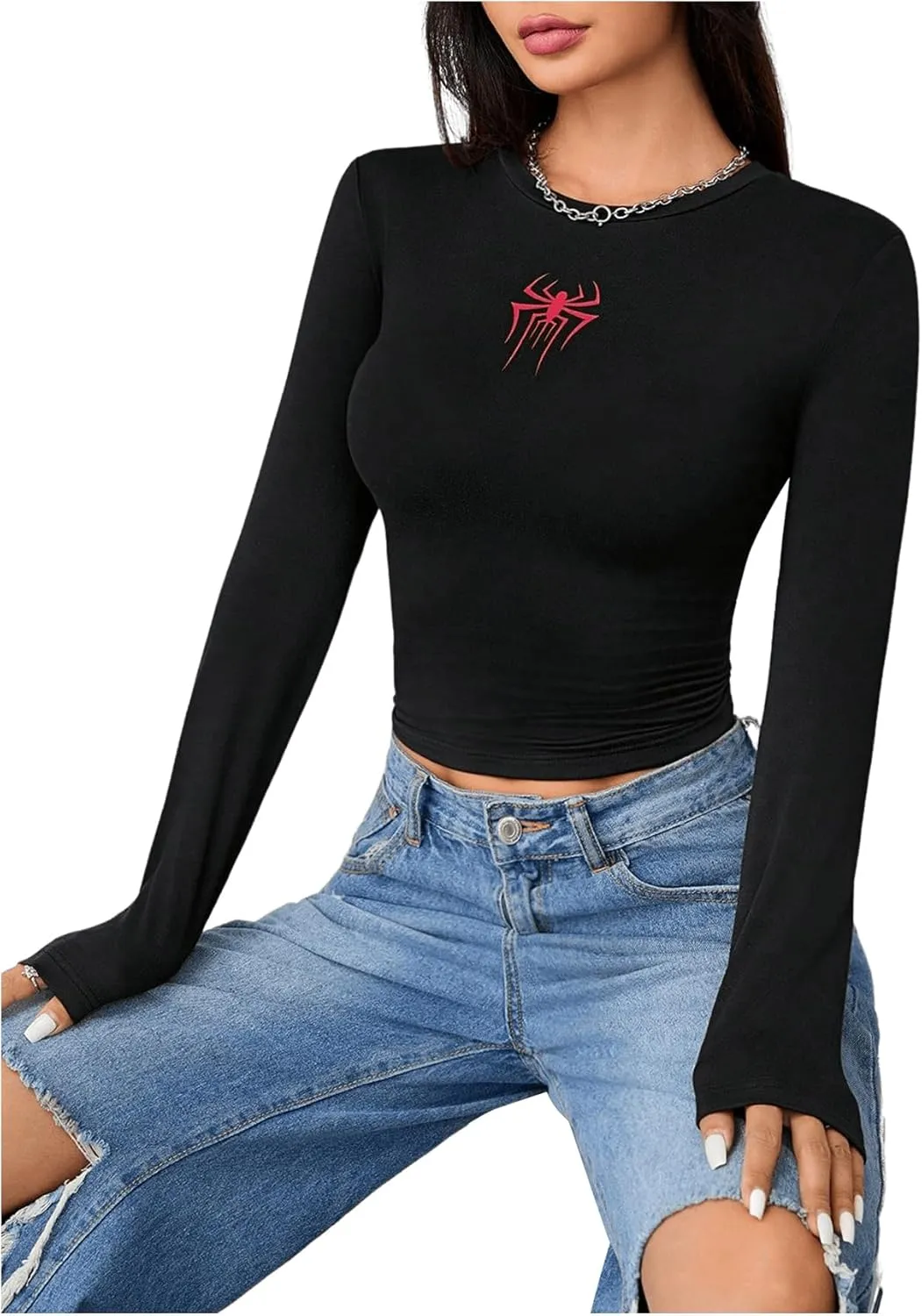 SweatyRocks Women's Long Sleeve Graphic Slim Fit T Shirt Y2k Basic Vintage Streetwear