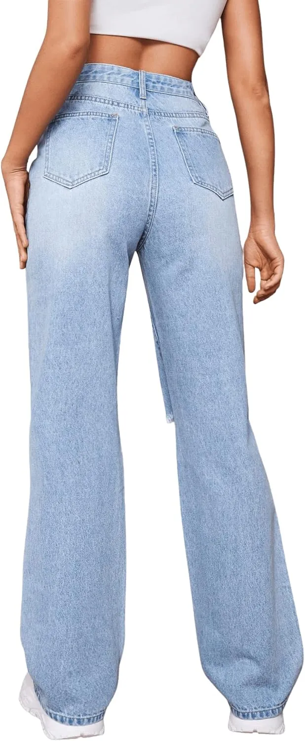 SweatyRocks Women's Ripped Straight Leg Jeans High Waist Distressed Cutout Denim Pants