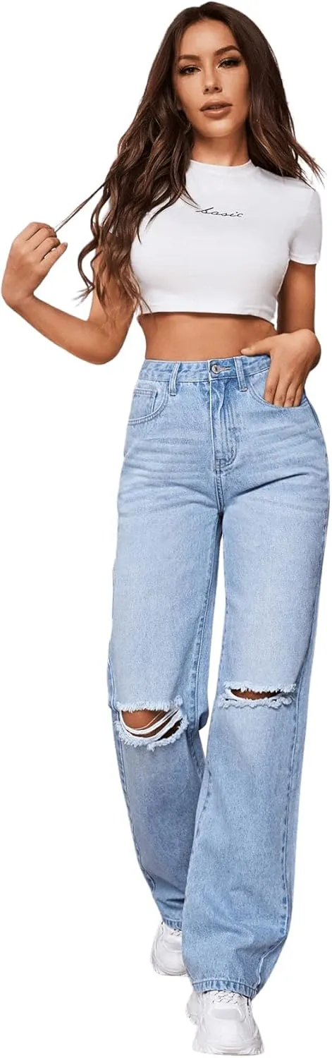 SweatyRocks Women's Ripped Straight Leg Jeans High Waist Distressed Cutout Denim Pants