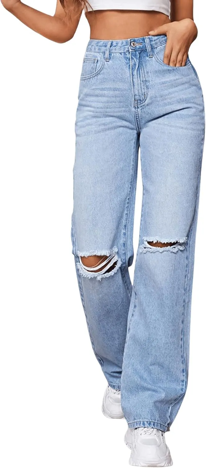 SweatyRocks Women's Ripped Straight Leg Jeans High Waist Distressed Cutout Denim Pants