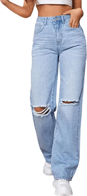 SweatyRocks Women's Ripped Straight Leg Jeans High Waist Distressed Cutout Denim Pants