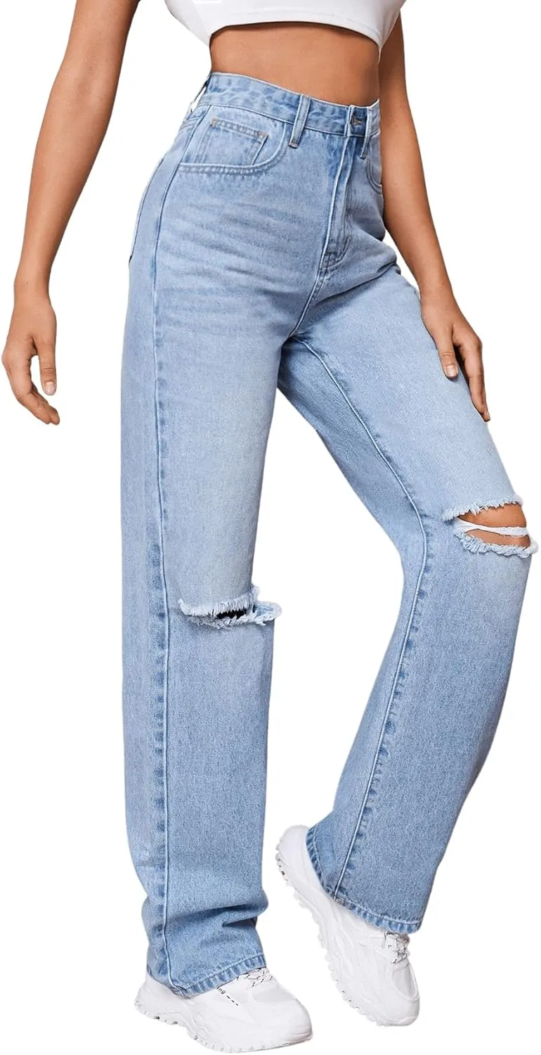 SweatyRocks Women's Ripped Straight Leg Jeans High Waist Distressed Cutout Denim Pants
