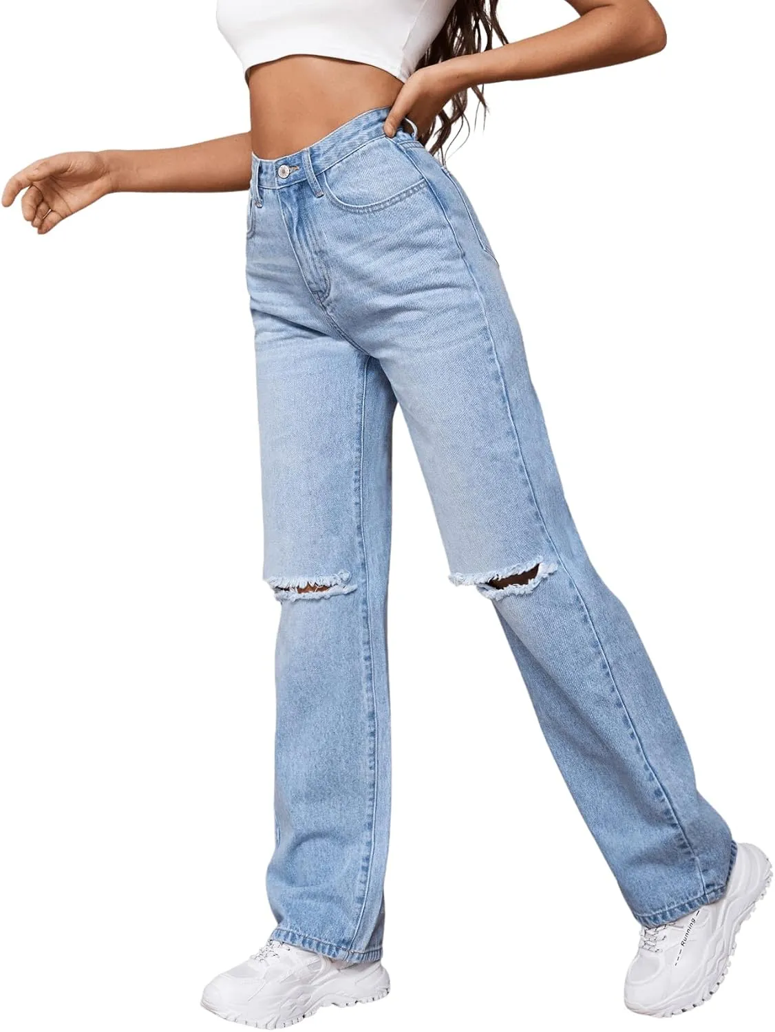 SweatyRocks Women's Ripped Straight Leg Jeans High Waist Distressed Cutout Denim Pants
