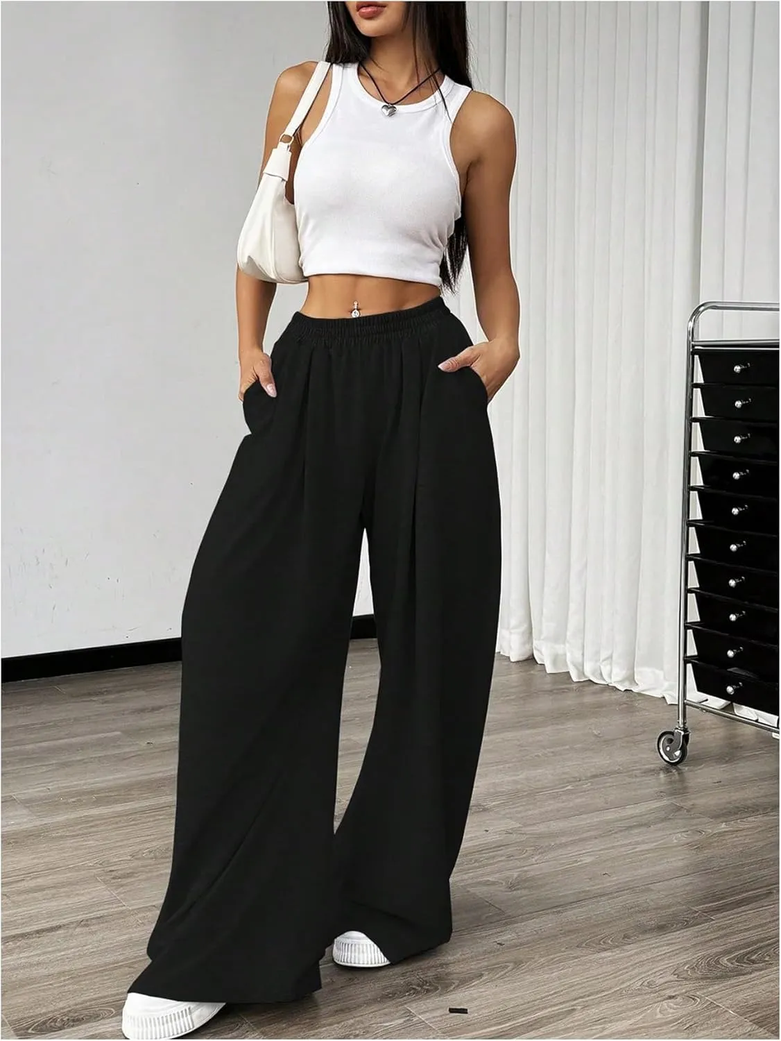 SweatyRocks Women's Wide Leg Pants Elastic High Waist Loose Athletic Sweatpants with Pockets