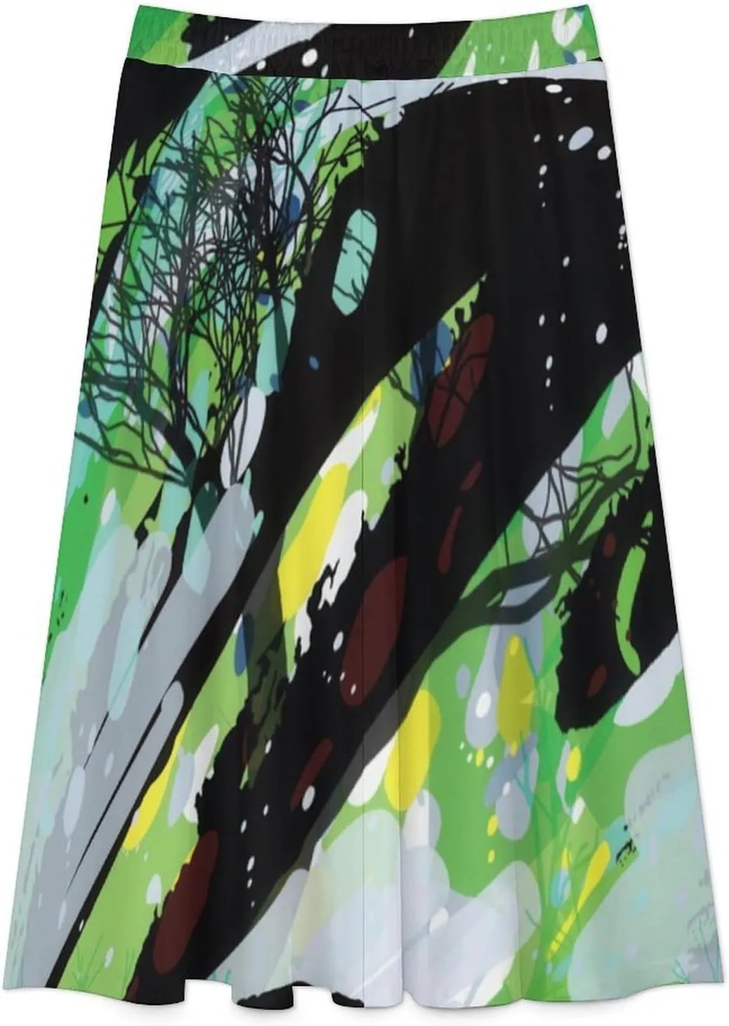 Sweet Abstract Art Green Print Midi Skirt High Elastic Waist Pleated Bohemia Going Out Skirt