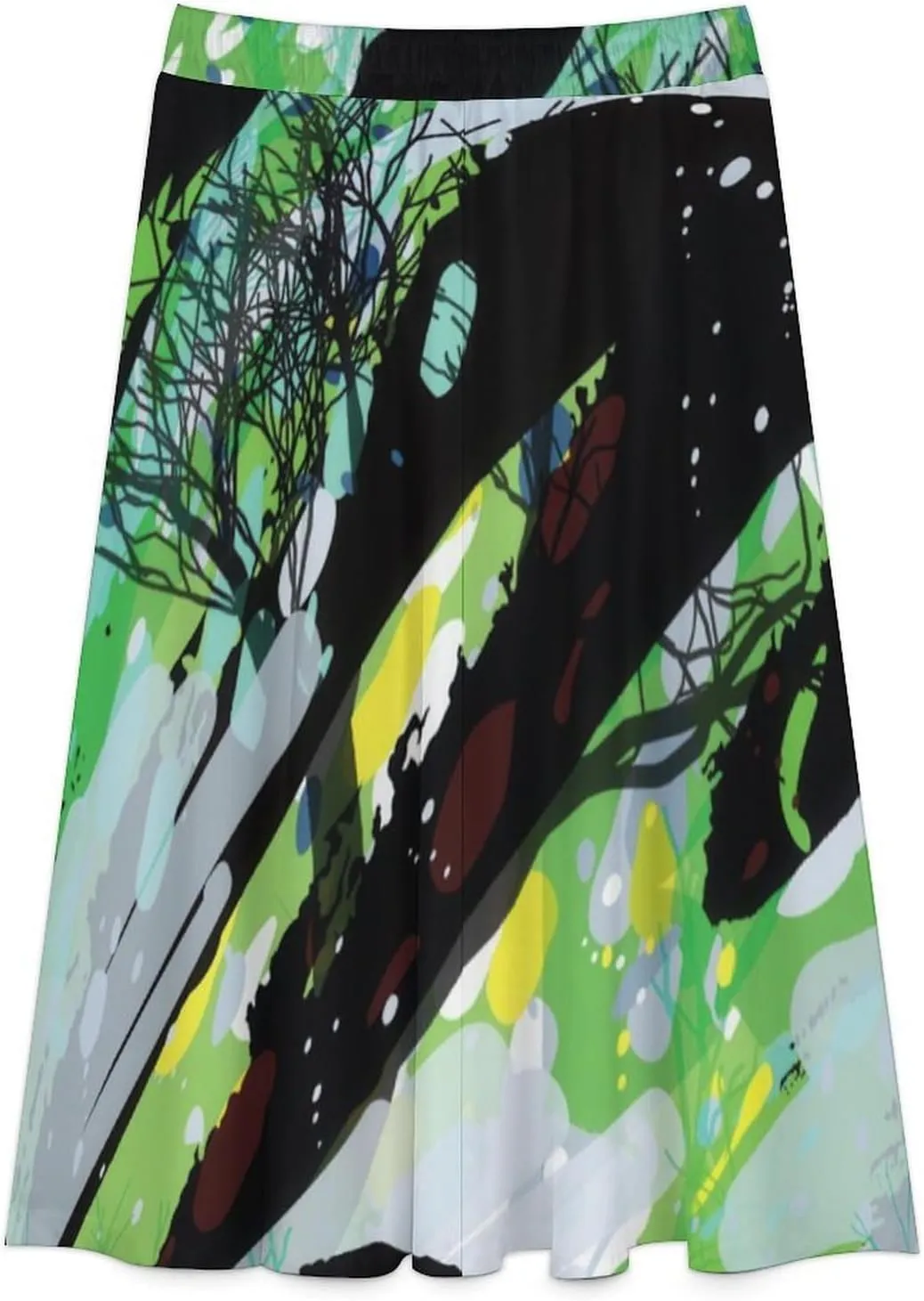 Sweet Abstract Art Green Print Midi Skirt High Elastic Waist Pleated Bohemia Going Out Skirt