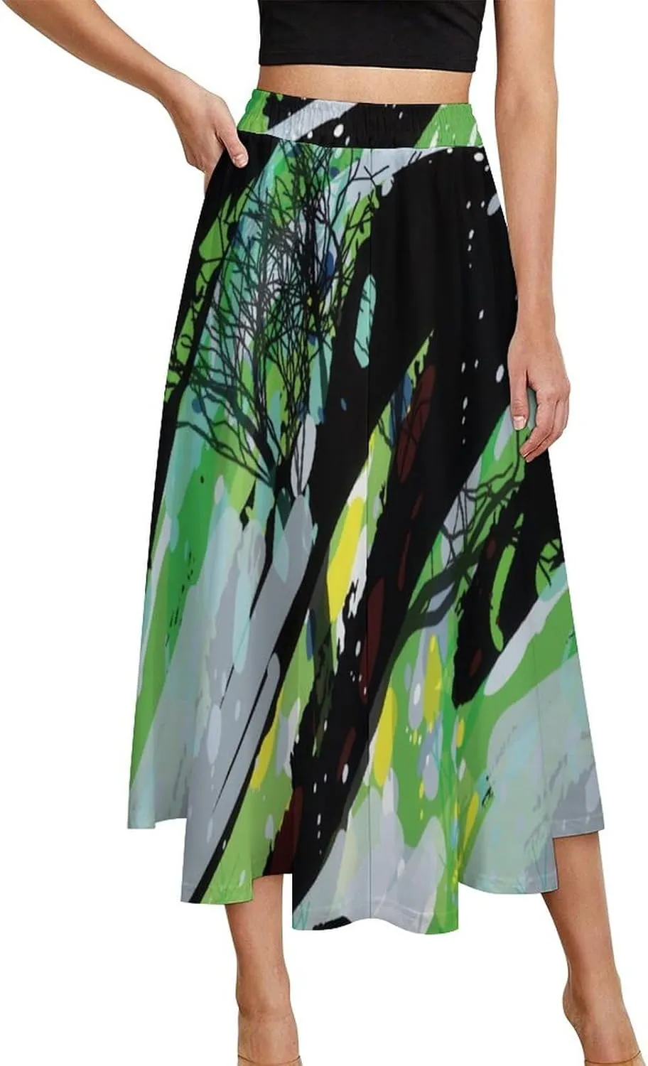 Sweet Abstract Art Green Print Midi Skirt High Elastic Waist Pleated Bohemia Going Out Skirt
