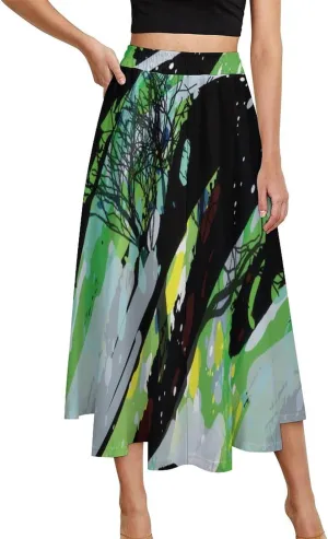 Sweet Abstract Art Green Print Midi Skirt High Elastic Waist Pleated Bohemia Going Out Skirt