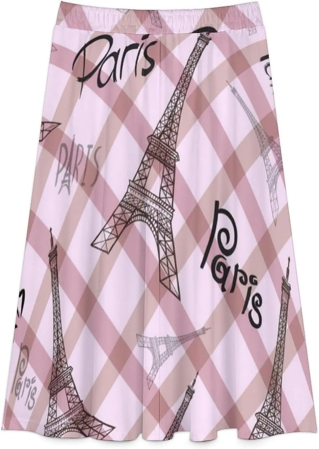 Sweet Paris Eiffel Tower Printed Midi Skirts High Elastic Waist Pleated Flowy Summer Skirts
