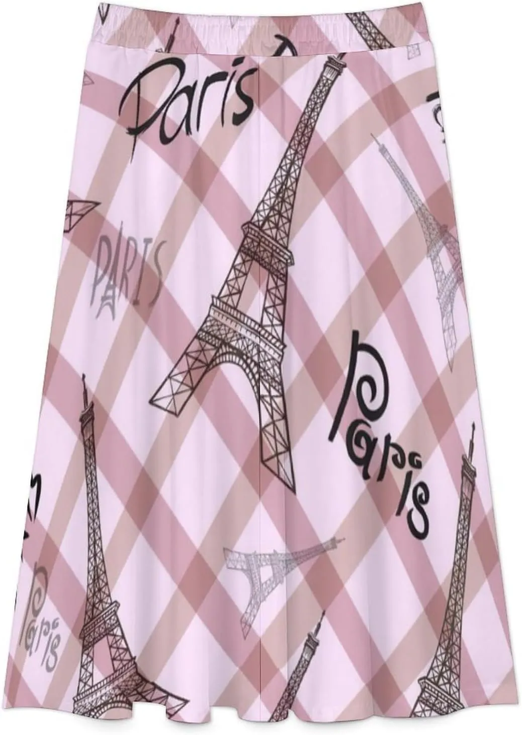 Sweet Paris Eiffel Tower Printed Midi Skirts High Elastic Waist Pleated Flowy Summer Skirts
