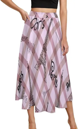 Sweet Paris Eiffel Tower Printed Midi Skirts High Elastic Waist Pleated Flowy Summer Skirts