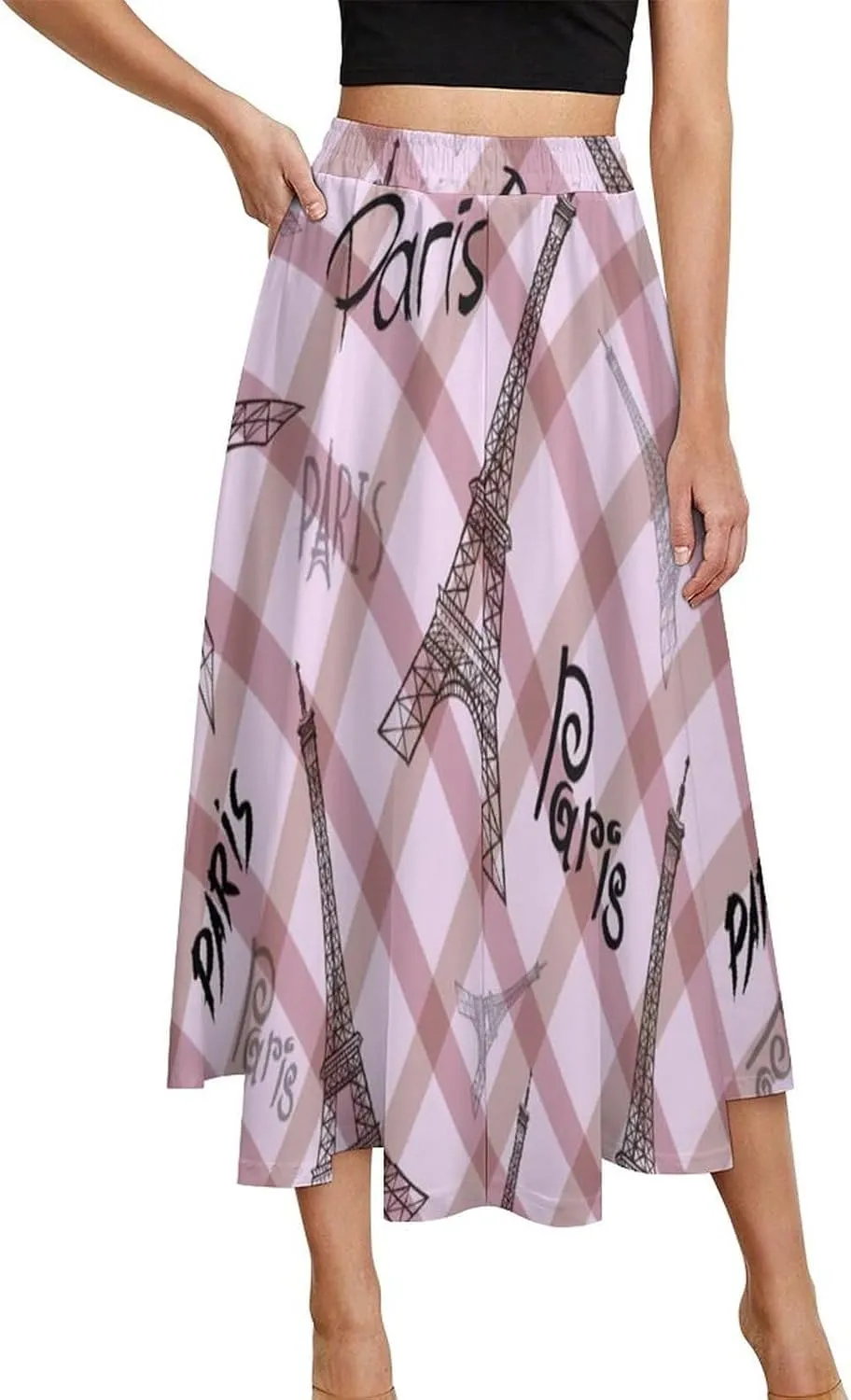 Sweet Paris Eiffel Tower Printed Midi Skirts High Elastic Waist Pleated Flowy Summer Skirts