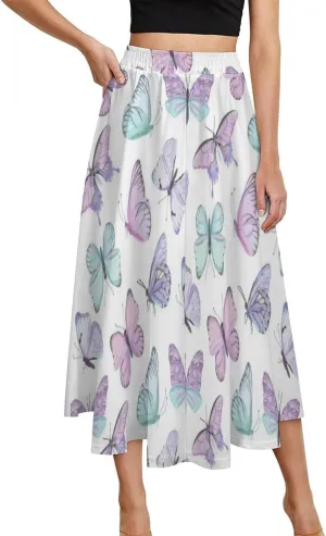 SweetCasual Butterflies Flutter Print Midi Skirt High Elastic Waist Ruffling Bohemia Mini Club Skirts