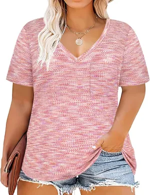 TIYOMI Plus Size T Shirt for Women Tunic Tops Plain Solid Color V Neck Spring Summer Short-Sleeve T Shirts Casual Work